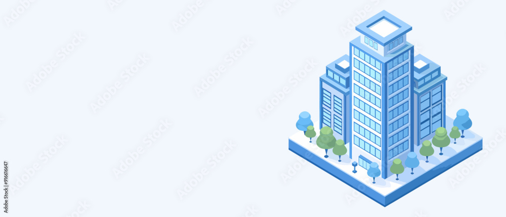 A blue glass skyscraper surrounded by trees in an isometric perspective. A blue glass skyscraper surrounded by trees in an isometric perspective.