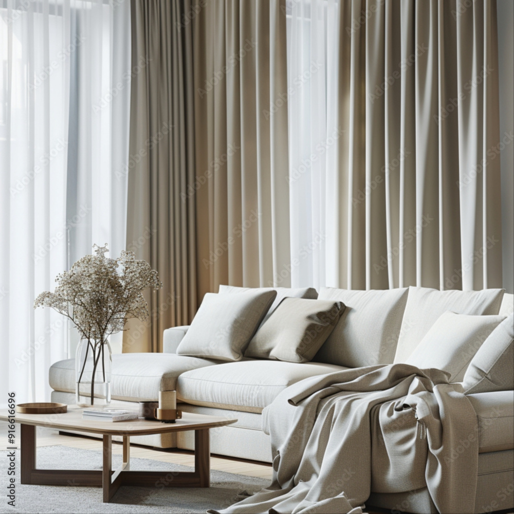 Capturing the unique blend of functionality and style in a living room adorned with dimout curtains and minimalist scandinavian furniture. Capturing the unique blend of functionality and style in a living room adorned with dimout curtains and minimalist scandinavian furniture.