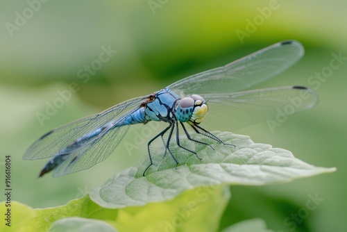 Blue Dragonfly Perched on a Leaf