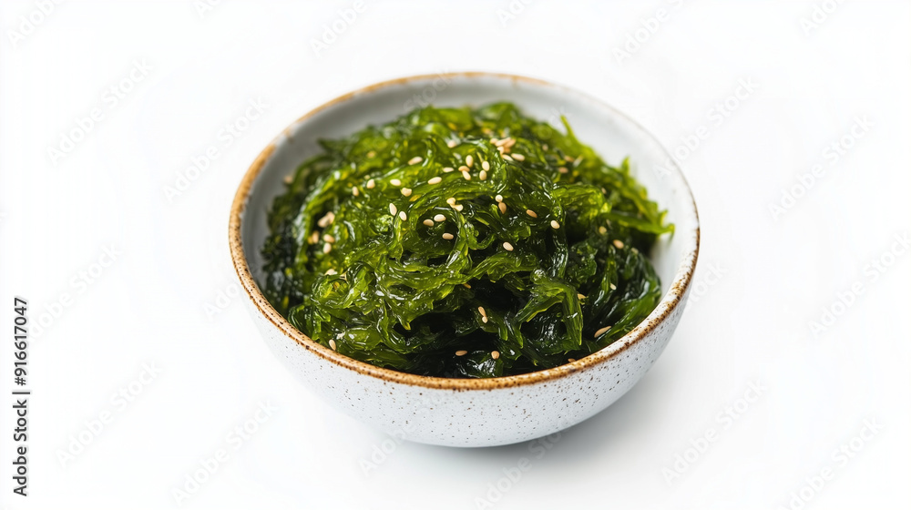 Salade d'algues wakame avec de grains de sésames dans un petit bol blanc en céramique, sur fond blanc Salade d'algues wakame avec de grains de sésames dans un petit bol blanc en céramique, sur fond blanc