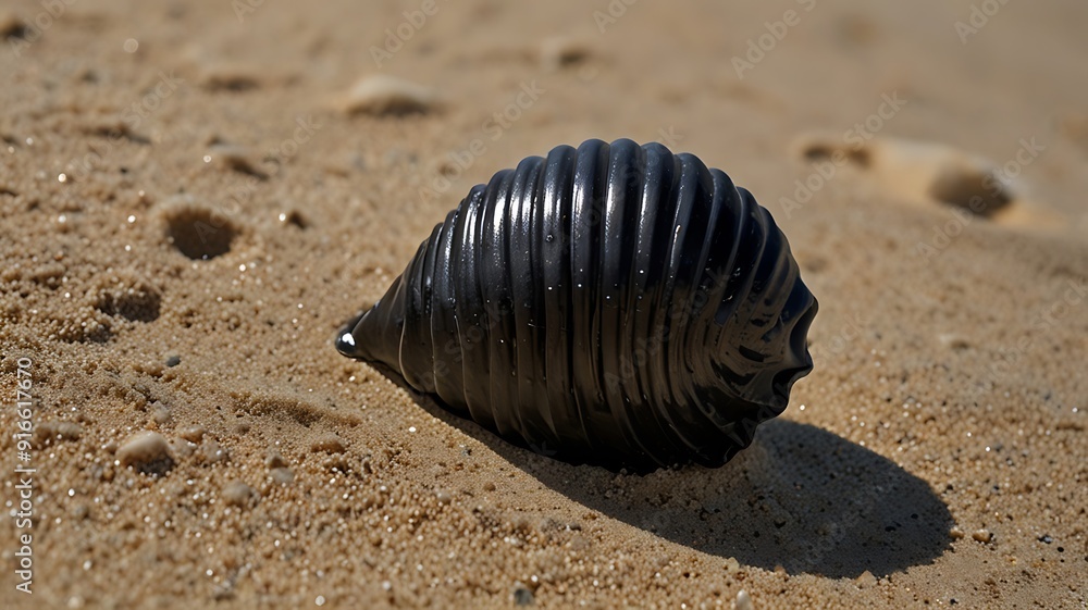Nature's Beauty: Black Seashell Detail on Tranquil Sandy Shore. Generative AI. Nature's Beauty: Black Seashell Detail on Tranquil Sandy Shore. Generative AI.