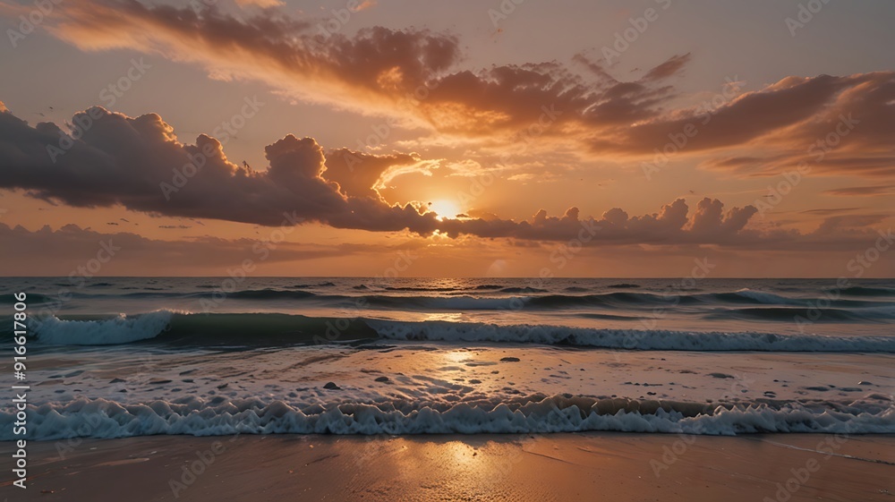 Fototapeta premium Soft Peach Fuzz Sky Over Serene Beach at Sunset with Gentle Waves. Generative Ai.