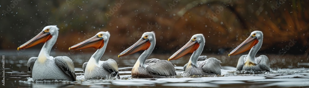A group of pelicans are swimming together in a body of water A group of pelicans are swimming together in a body of water