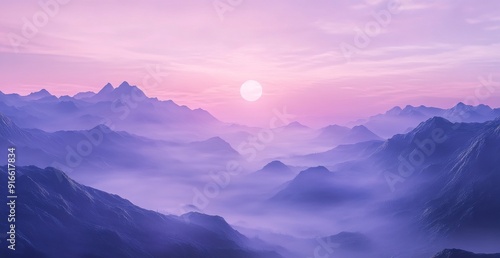 a purple sky, and atmosphere, snow covered mountains in the background, valley below 