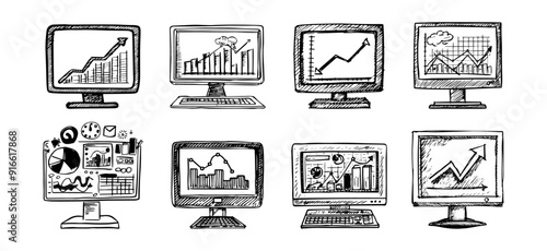 A set of hand-drawn sketches depicting computers displaying different types of charts and graphs, symbolizing data analysis and business insights.