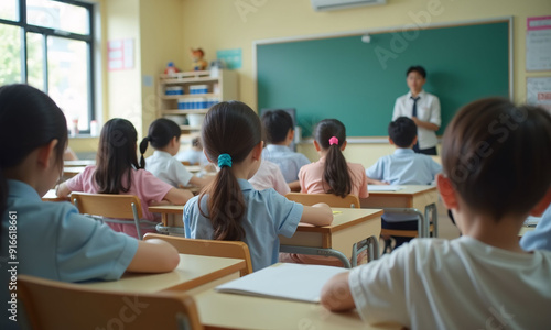A classroom filled with primary school students seated at their desks, engaged in their lessons.