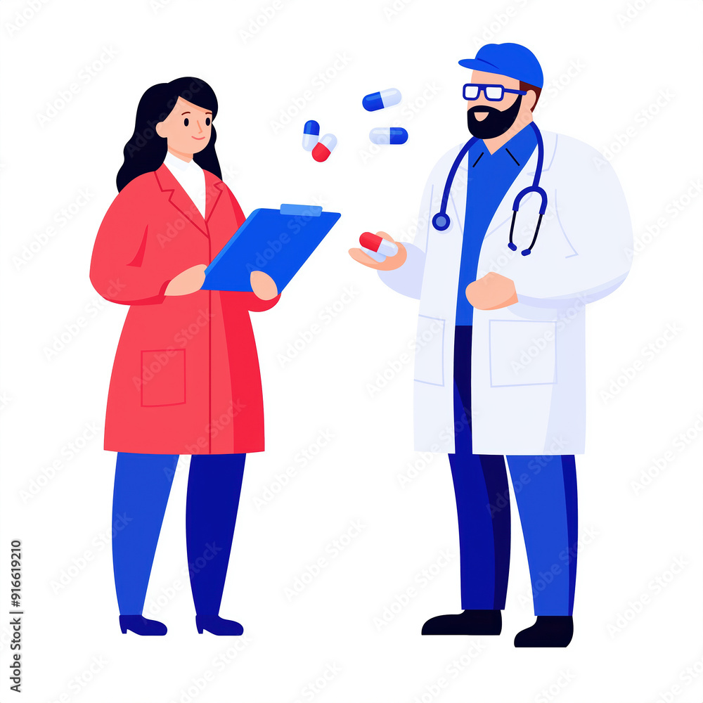 A doctor and nurse conversing about medication, showcasing a collaborative healthcare environment with colorful capsules. A doctor and nurse conversing about medication, showcasing a collaborative healthcare environment with colorful capsules.