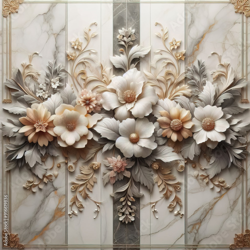 panel wall art, marble background with flower designs, wall decoration