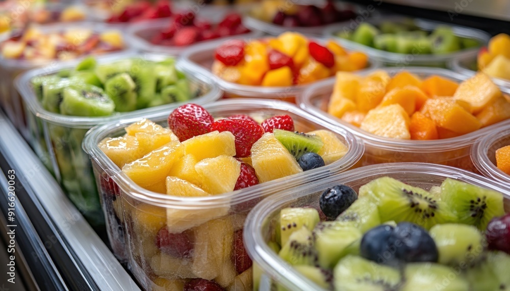 Freshly cut fruit salad being sold in a grocery store Freshly cut fruit salad being sold in a grocery store