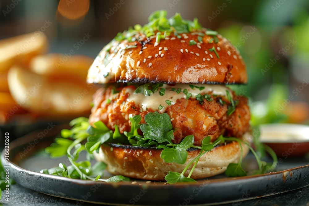 sophisticated fried chicken burger with a delicate, crispy fried chicken patty, a tangy aioli, and a sprinkle of fresh herbs sophisticated fried chicken burger with a delicate, crispy fried chicken patty, a tangy aioli, and a sprinkle of fresh herbs