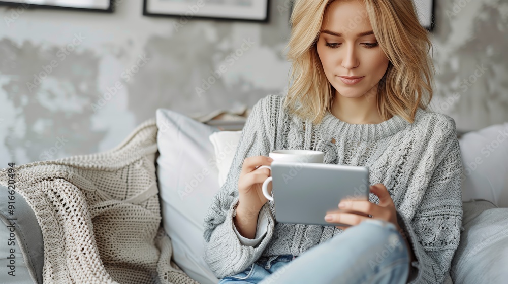A woman sits on the sofa at home drinking coffee from a white cup while reading news articles. A woman sits on the sofa at home drinking coffee from a white cup while reading news articles.