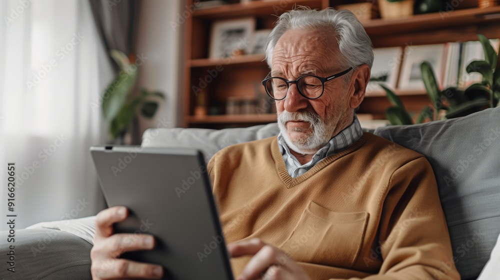 Obraz premium An old man sits on the couch in his living room using a tablet computer