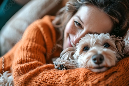 Happy Woman in Orange Sweater Cuddling Her Dog on the Sofa, Close Up Portrait Photograph in the Style of Natural Light Minimalism 
