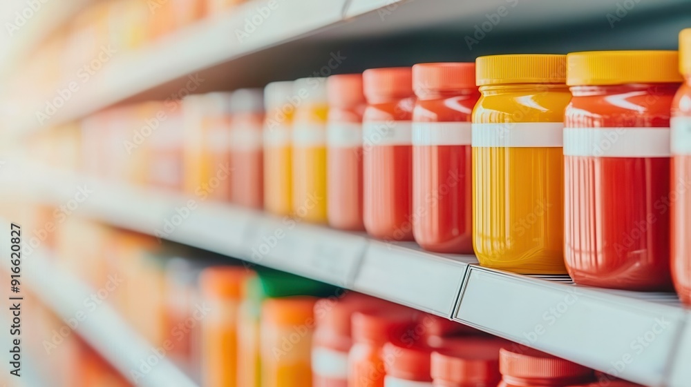 A vibrant display of colorful jars arranged neatly on a shelf, showcasing a variety of products in a retail environment. A vibrant display of colorful jars arranged neatly on a shelf, showcasing a variety of products in a retail environment.
