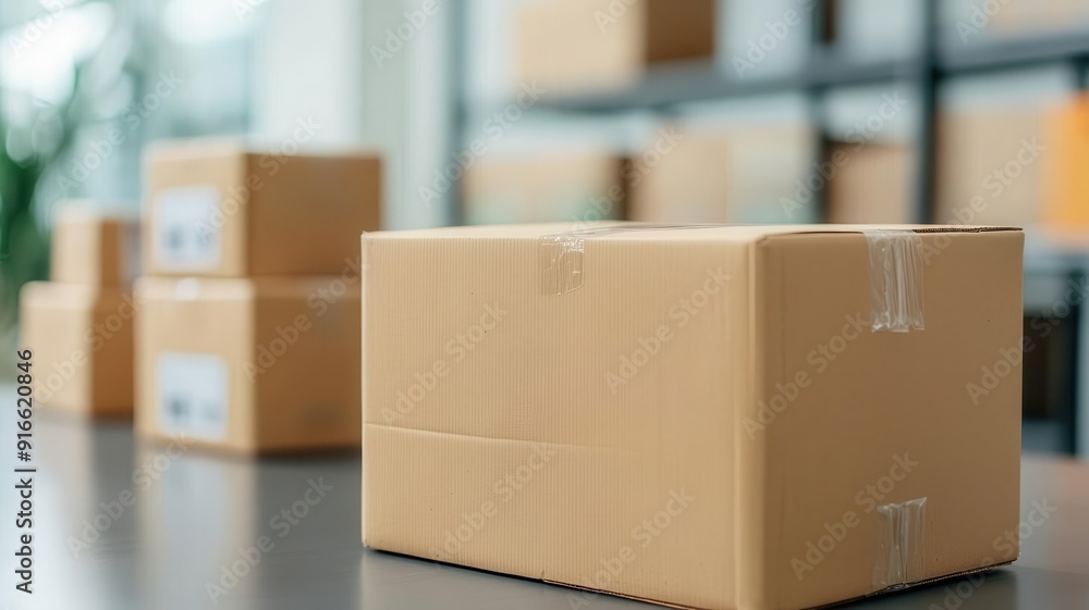 Brown cardboard box on a wooden table with more boxes in the background, ideal for shipping and logistics imagery. Brown cardboard box on a wooden table with more boxes in the background, ideal for shipping and logistics imagery.