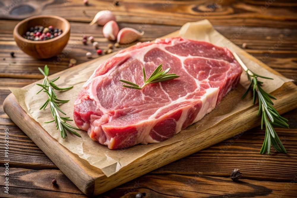 Raw pork steak with herbs around showcasing marbling texture Raw pork steak with herbs around showcasing marbling texture