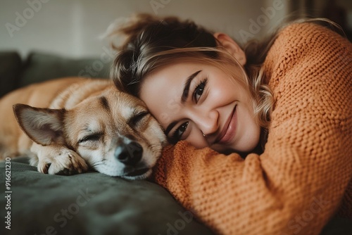 Happy Woman in Orange Sweater Cuddling Her Dog on the Sofa, Close Up Portrait Photograph in the Style of Natural Light Minimalism 