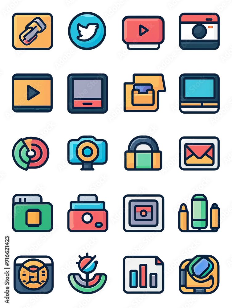A set of icons for various apps and devices, including a camera, a keyboard