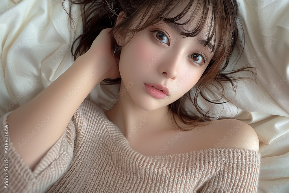 ベッドに寝っ転がるベージュのニットを着た茶髪の女性 ベッドに寝っ転がるベージュのニットを着た茶髪の女性