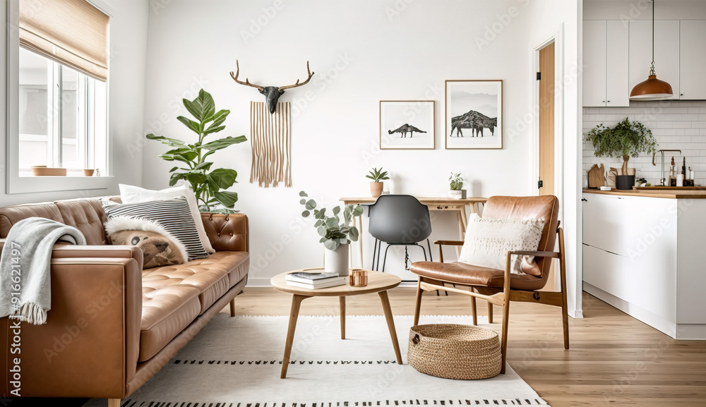 Scandinavian living room with white walls and a warm wood accent wall Scandinavian living room with white walls and a warm wood accent wall