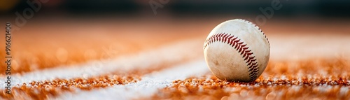 baseball resting on an orange dirt field, capturing the essence of America's favorite pastime. photo