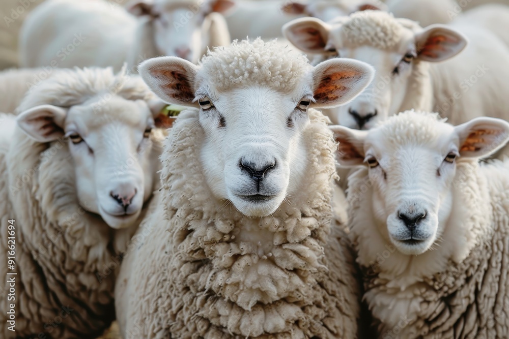A group of sheep are standing together A group of sheep are standing together