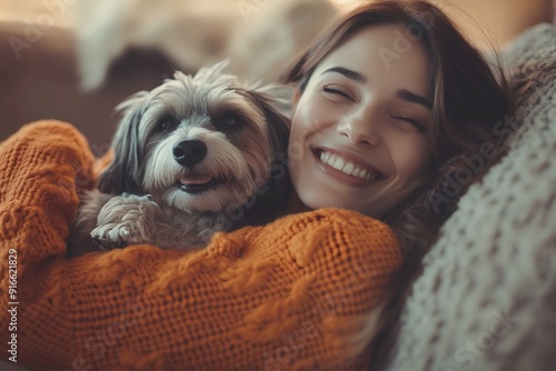 Happy Woman in Orange Sweater Cuddling Her Dog on the Sofa, Close Up Portrait Photograph in the Style of Natural Light Minimalism 