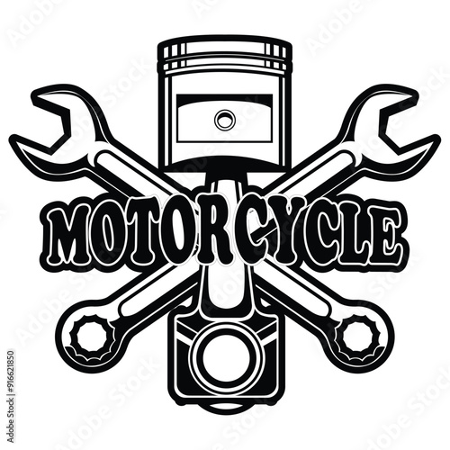 Crossed wrench and piston vector illustration. Elements for logo, label, emblem, sign, badge.