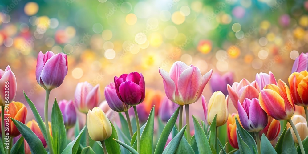 Broder of colorful tulips, soft focus and blurred bokeh banner Broder of colorful tulips, soft focus and blurred bokeh banner