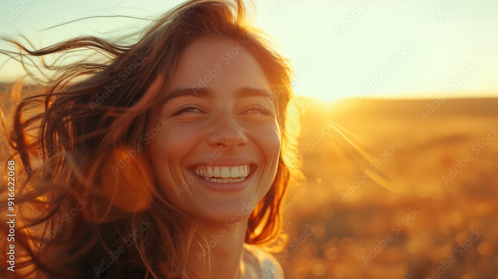 A beautiful woman laughing and smiling with her hair blowing in the wind on an open field at sunset. A beautiful woman laughing and smiling with her hair blowing in the wind on an open field at sunset.