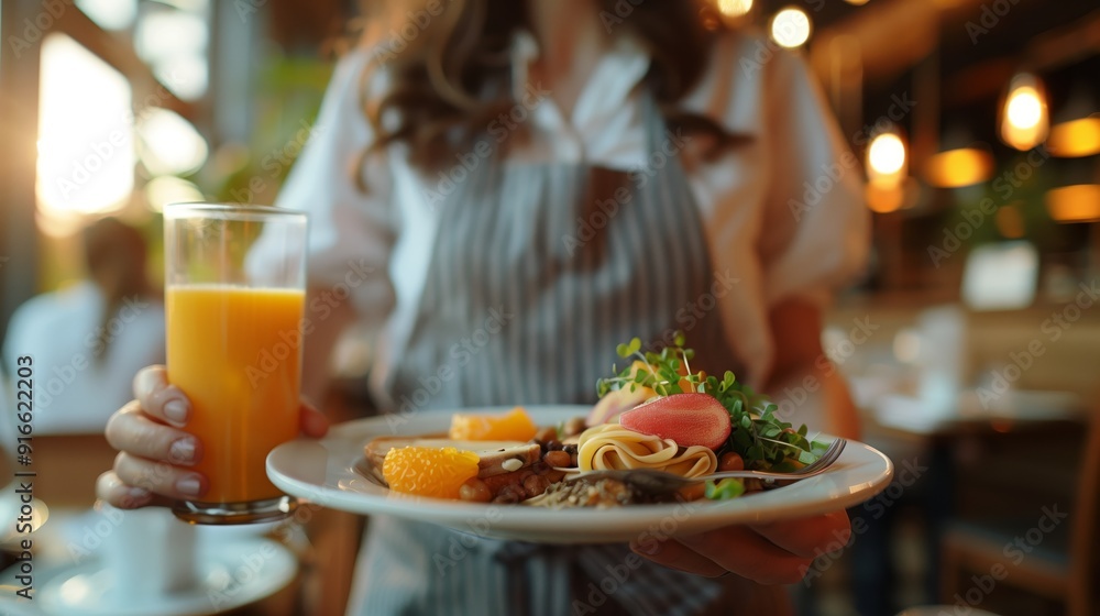 A closeup shot of the waitress's hands holding out an elegant plate with breakfast food A closeup shot of the waitress's hands holding out an elegant plate with breakfast food