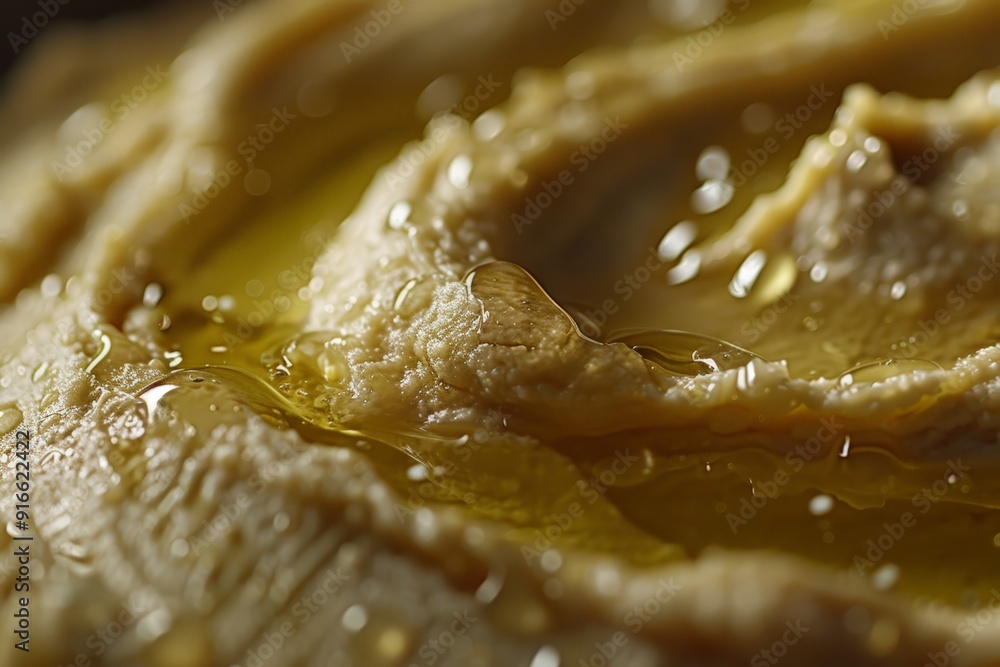 A close-up of the surface of the hummus, highlighting its texture and the glistening droplets of olive oil. A close-up of the surface of the hummus, highlighting its texture and the glistening droplets of olive oil.