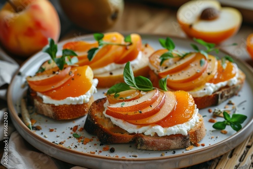 four bruschettas, each topped with creamy ricotta cheese, thinly sliced pears, and juicy apricot halves