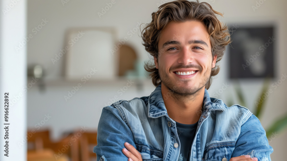 A young man smiling with his arms crossed wearing casual A young man smiling with his arms crossed wearing casual