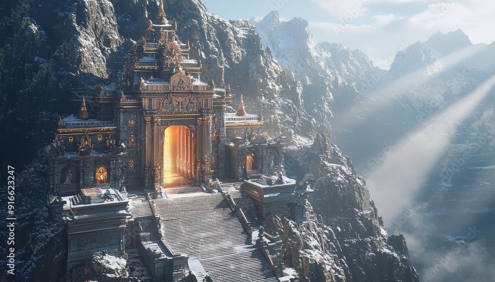 Ancient temple on top of a mountain, bathed in sunlight that streams ...