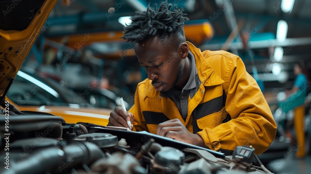 An auto mechanic with a clipboard, taking notes while looking at the open engine of his car.
