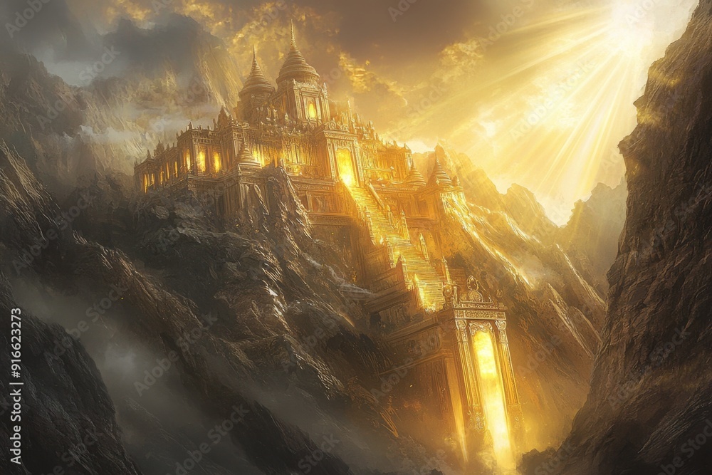 Ancient temple on top of a mountain, bathed in sunlight that streams ...