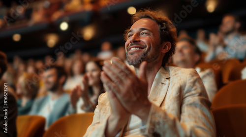 Wallpaper Mural Happy man clapping and sitting in the audience at the theater or cinema, enjoying the play performance with other people Torontodigital.ca