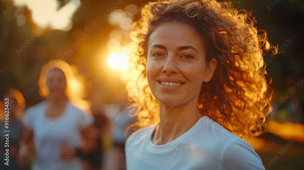 Portrait of a smiling middle aged woman in a white t-shirt walking at a city park Portrait of a smiling middle aged woman in a white t-shirt walking at a city park