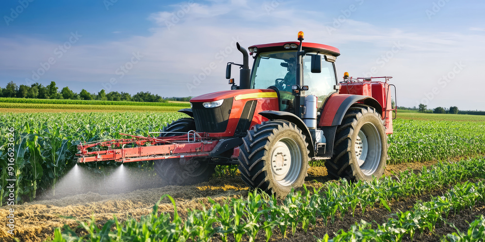 Fototapeta premium Tractor spraying pesticides on a corn field in summer, agricultural works at the beginning of the growing season