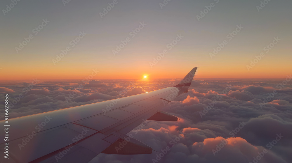 Serene view from an airplane window, showing the wing and a sea of clouds below during sunrise. Soft golden light of dawn reflects off clouds, creating peaceful and breathtaking scene high above Earth Serene view from an airplane window, showing the wing and a sea of clouds below during sunrise. Soft golden light of dawn reflects off clouds, creating peaceful and breathtaking scene high above Earth