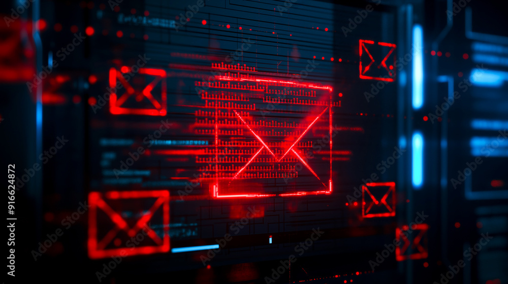 Computer screen displays red warning for an email phishing scam, symbolizing the dangers of online fraud and importance of cybersecurity awareness. Image captures critical moment of digital security. Computer screen displays red warning for an email phishing scam, symbolizing the dangers of online fraud and importance of cybersecurity awareness. Image captures critical moment of digital security.