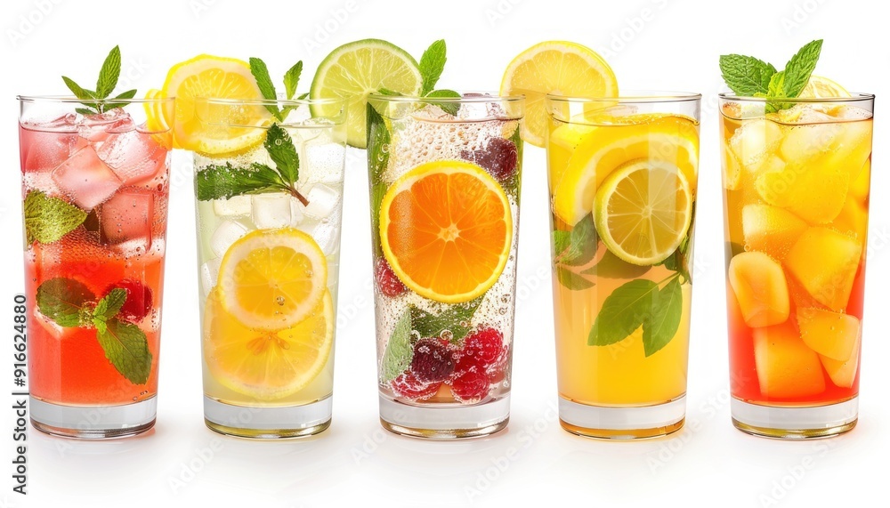 Refreshing summer cocktails with fruits and ice cubes displayed on white background Refreshing summer cocktails with fruits and ice cubes displayed on white background
