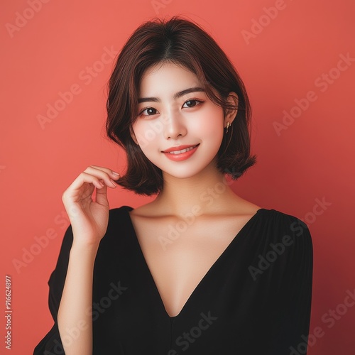 Beautiful Korean girl, professional portrait in the studio. Clear skin, makeup, well-groomed face. Korean cosmetics. Expressive look of a sweet woman.