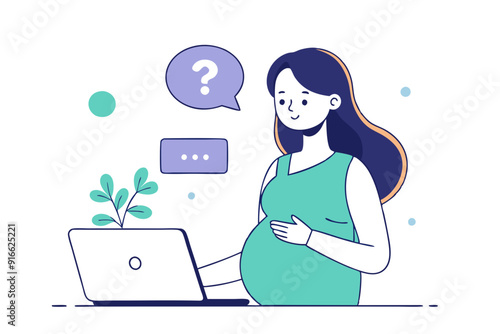 Pregnant Woman Asking Questions- Online Consultation  Line Art Doodle Vector Illustration photo