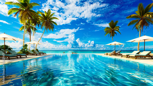 Amazing ocean view with outdoor swimming pool in tropical beach hotel resort