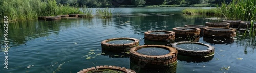 A pond with a lot of water and a lot of tires floating on it