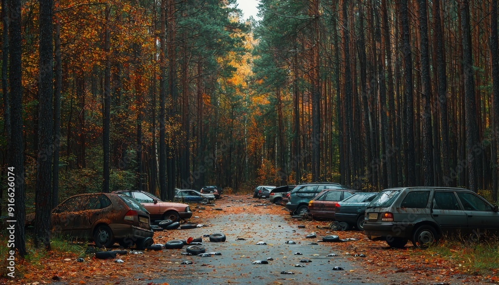 A car park on the side of the road with multiple cars having punctured tires, some leaning slightly due to the deflated tires, surrounded by a few scattered tools and spare tires, trees lining the bac A car park on the side of the road with multiple cars having punctured tires, some leaning slightly due to the deflated tires, surrounded by a few scattered tools and spare tires, trees lining the bac