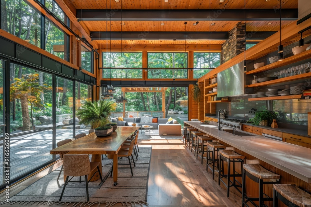 A large open living room with a wooden table and chairs, a kitchen with a sink A large open living room with a wooden table and chairs, a kitchen with a sink