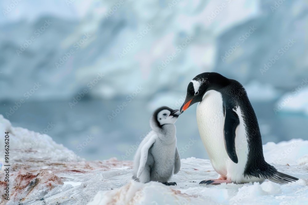 Fototapeta premium A baby penguin is standing next to an adult penguin